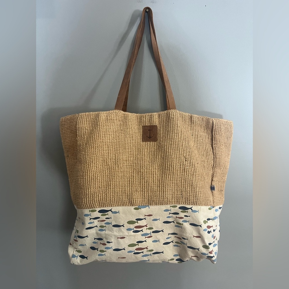 DEI Jute & Canvas Nautical Tote with Leather Handle Large Summer Bag 16x15x7”